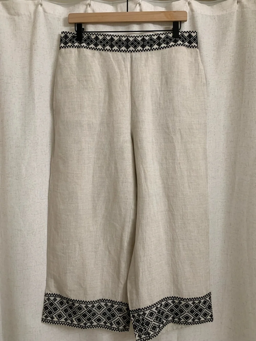 Boston Proper Malibu Embroidered Pull On Linen Blend Wide Leg Crop Cream Pant M - Picture 2 of 8